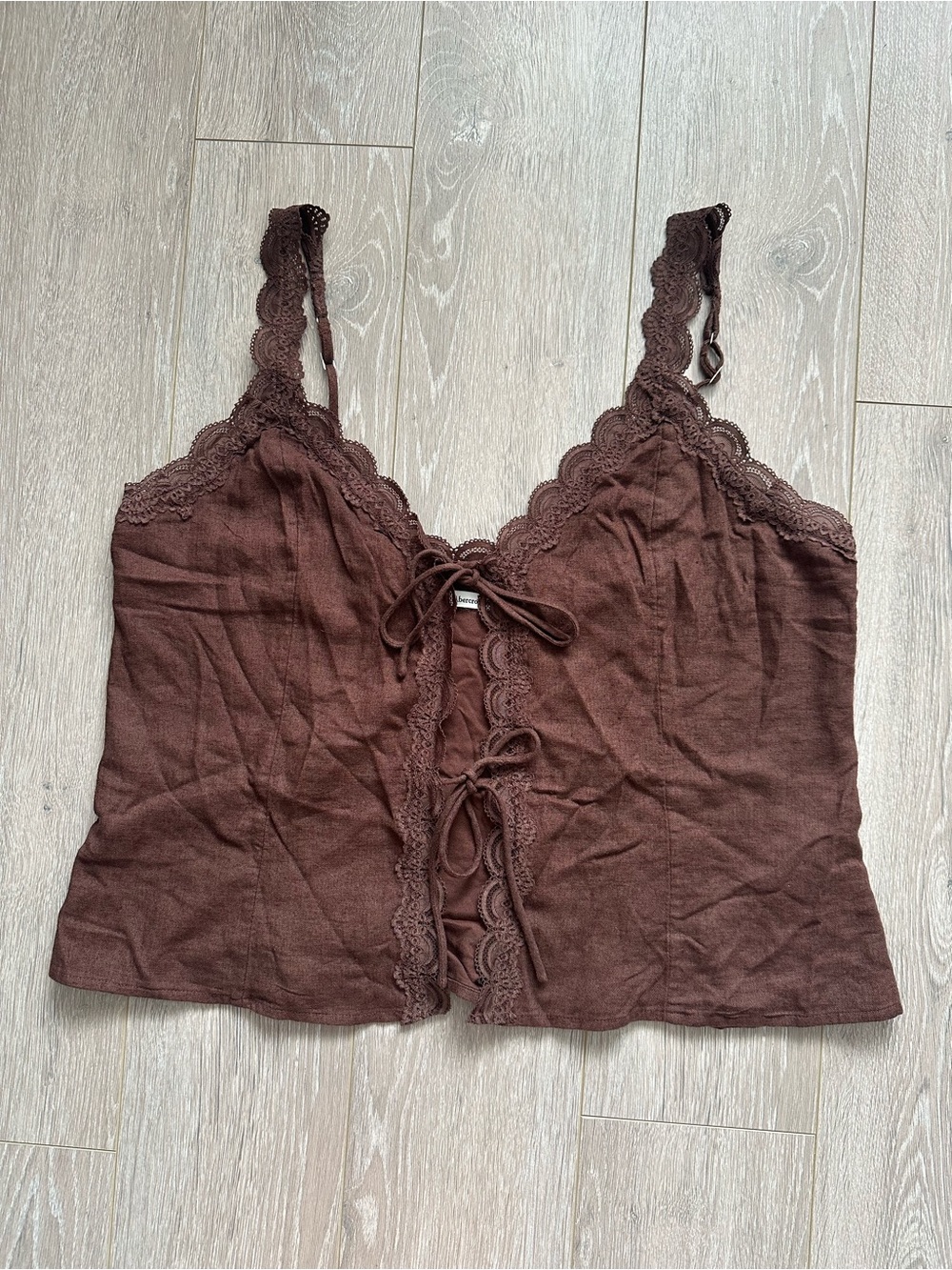 Abercrombie & Fitch Lace Trim Tie Front Top Tank Linen Blend Brown Sz XL NWT New - Picture 2 of 12